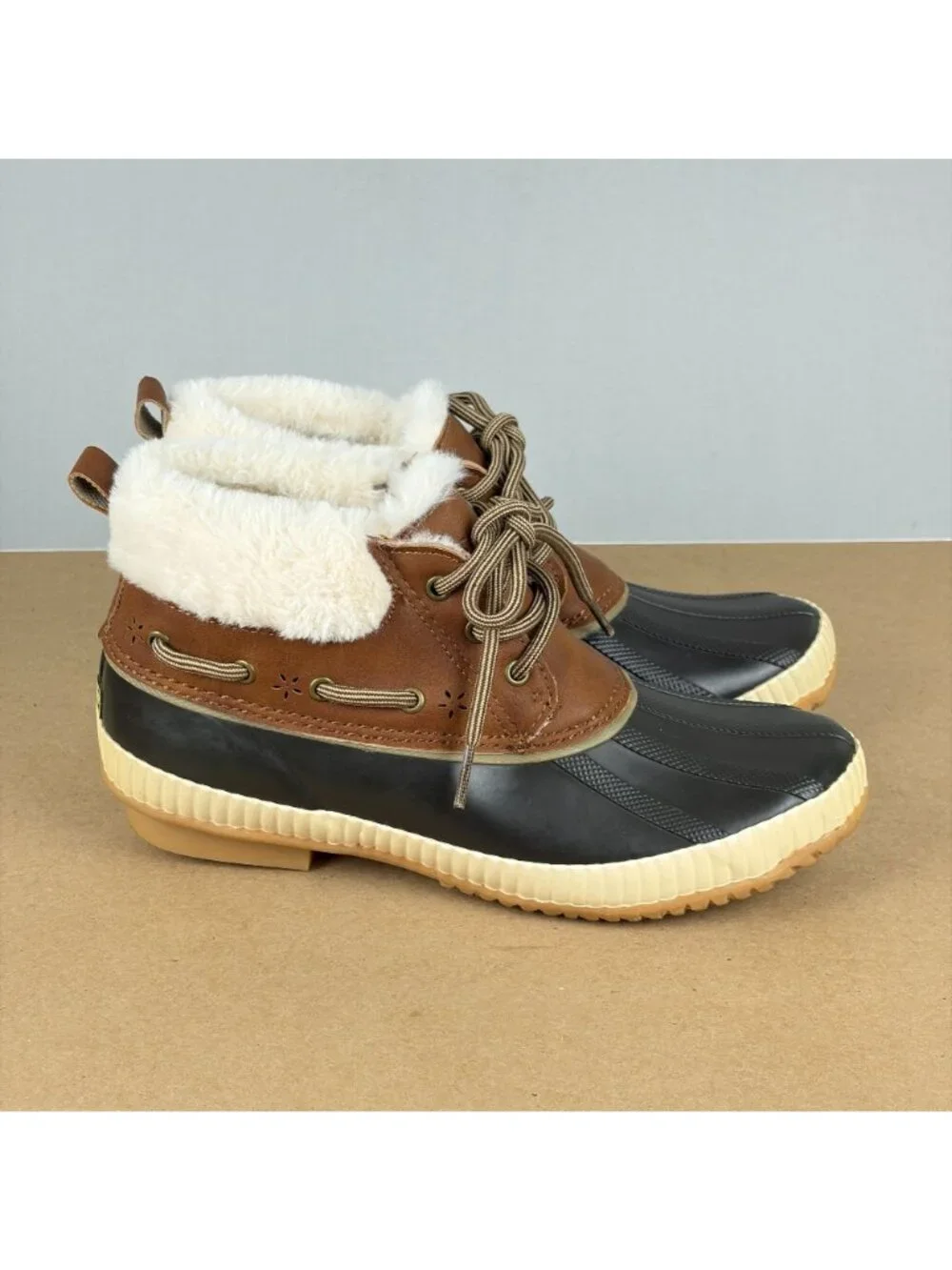 Jambu JSport Mary Faux Fur Lined Duck Boots Womens 8 Black Brown Cream Lace Up